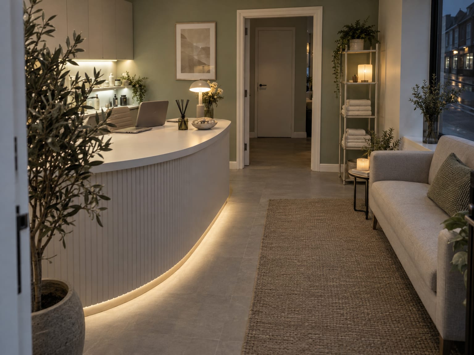 A quiet skin clinic reception in the evening with a white desk, grey sofa and diffuser
