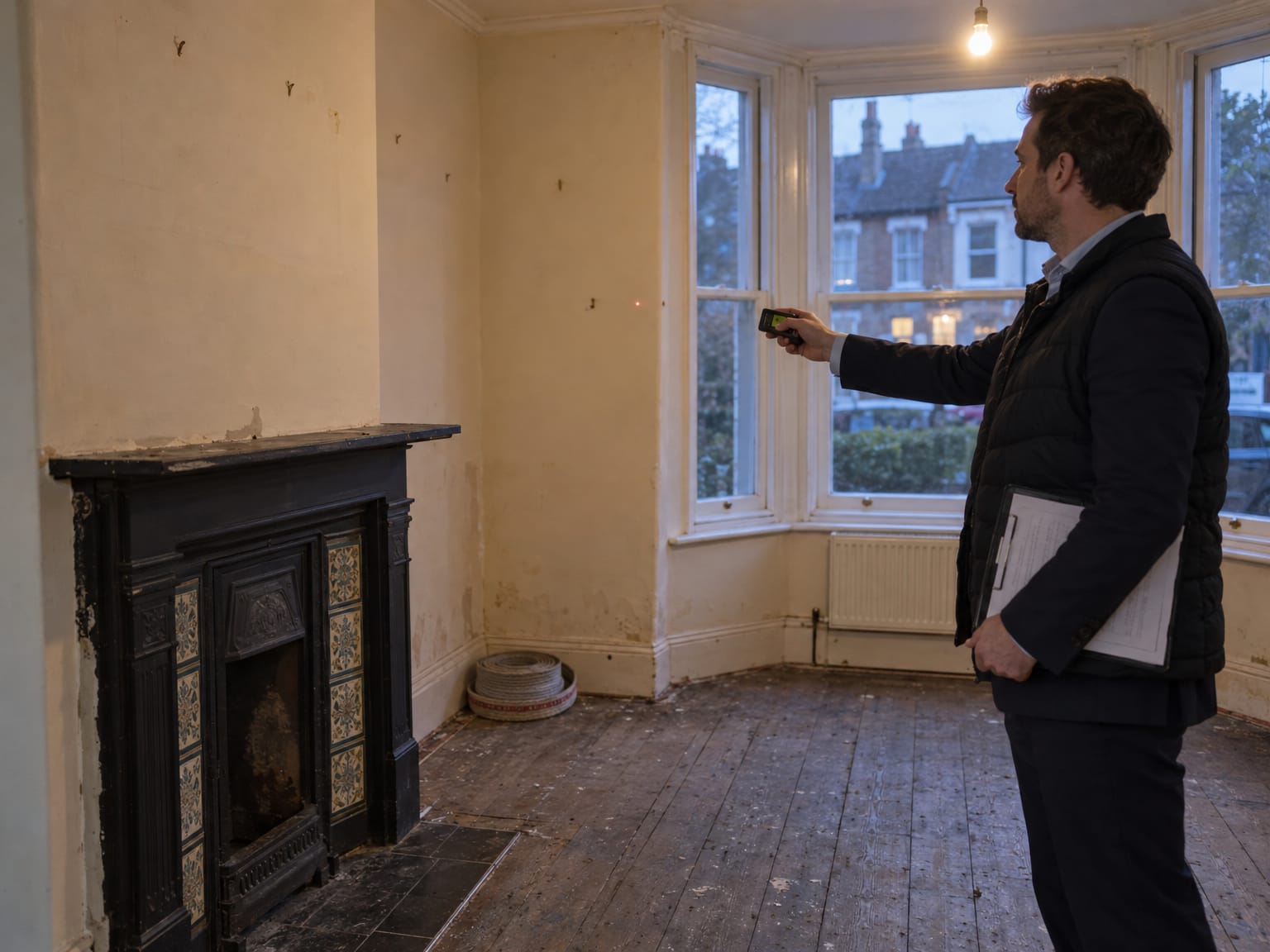 An estate agent measuring the empty front room of a Victorian terrace, bay window behind him