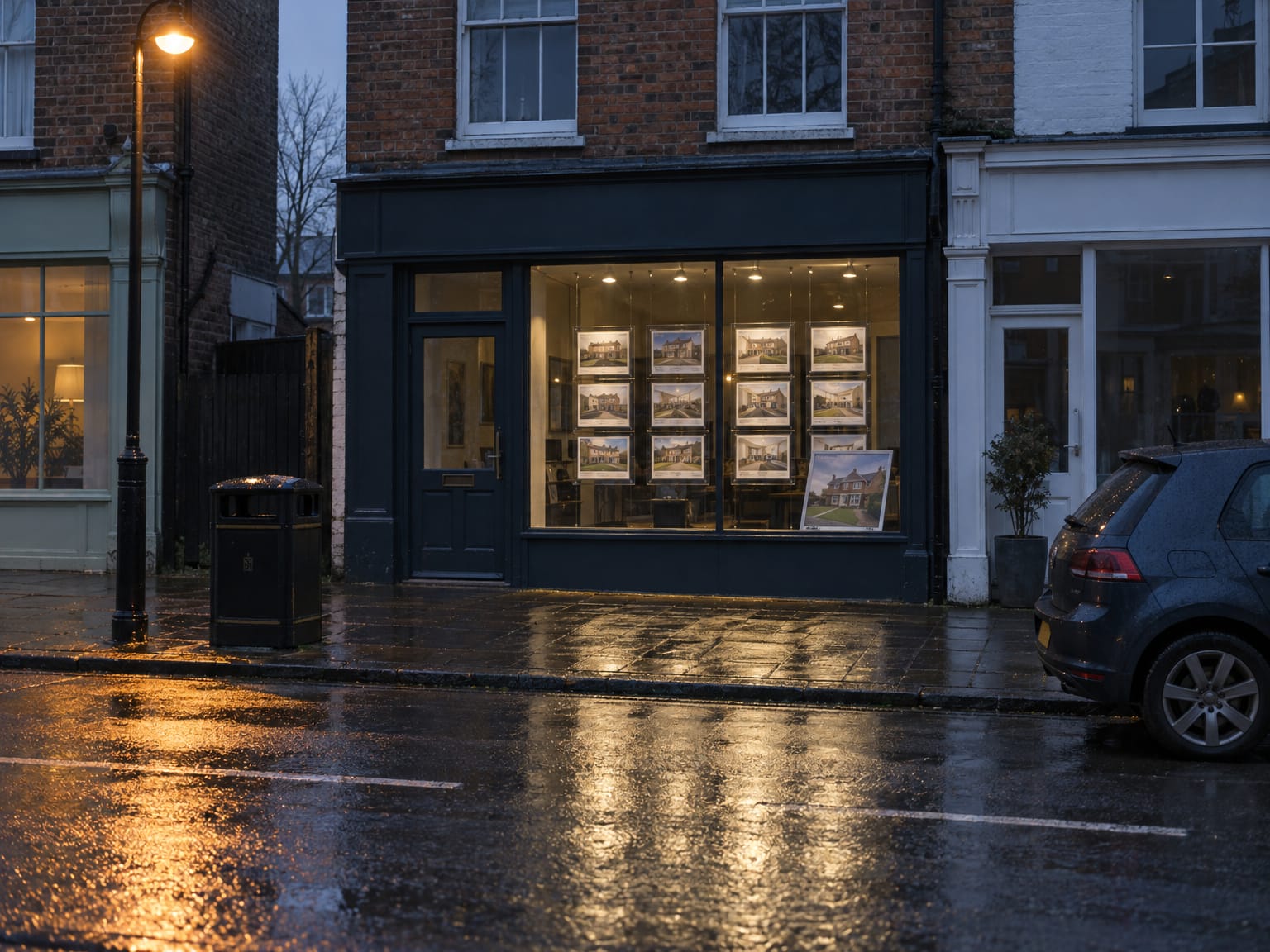 A small estate agency on a high street at dusk, the office dark and the window display lit