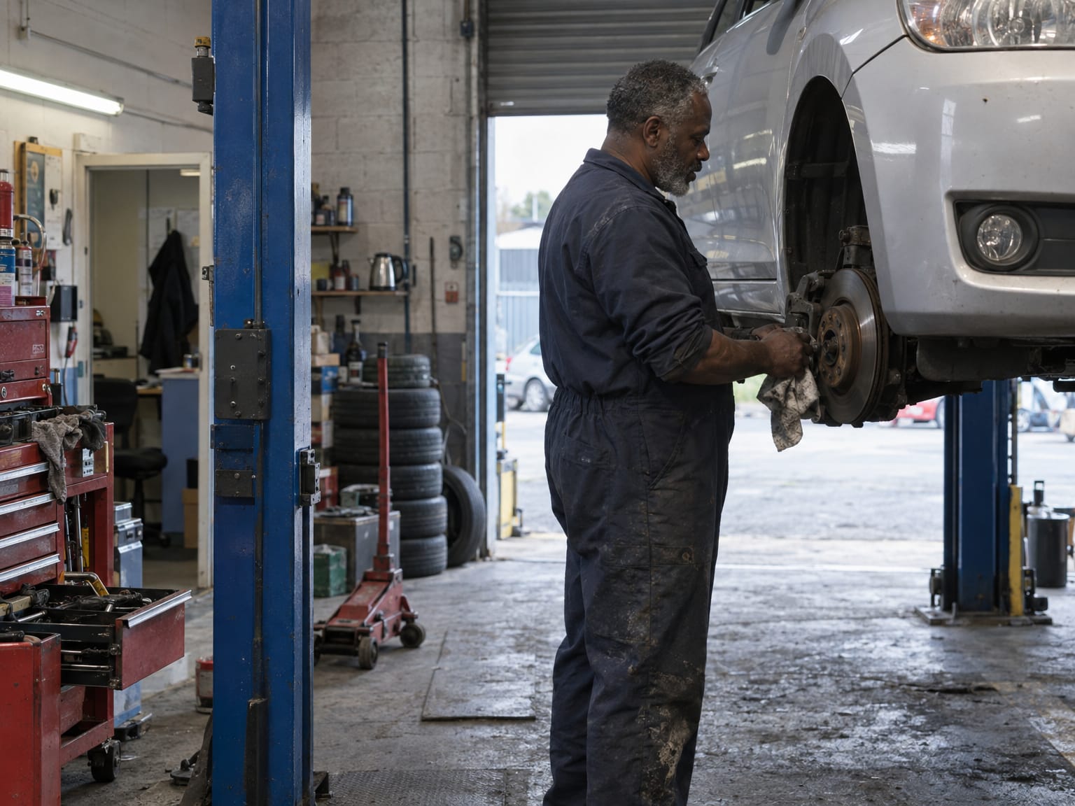 A mechanic standing beside a hatchback on a two-post lift, looking at the brake disc