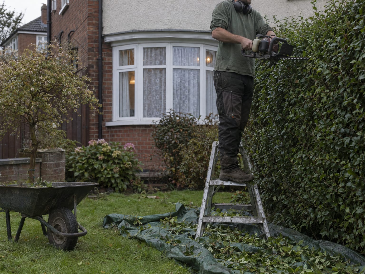 A gardener on a low step ladder trimming a tall privet hedge, clippings on a tarpaulin below