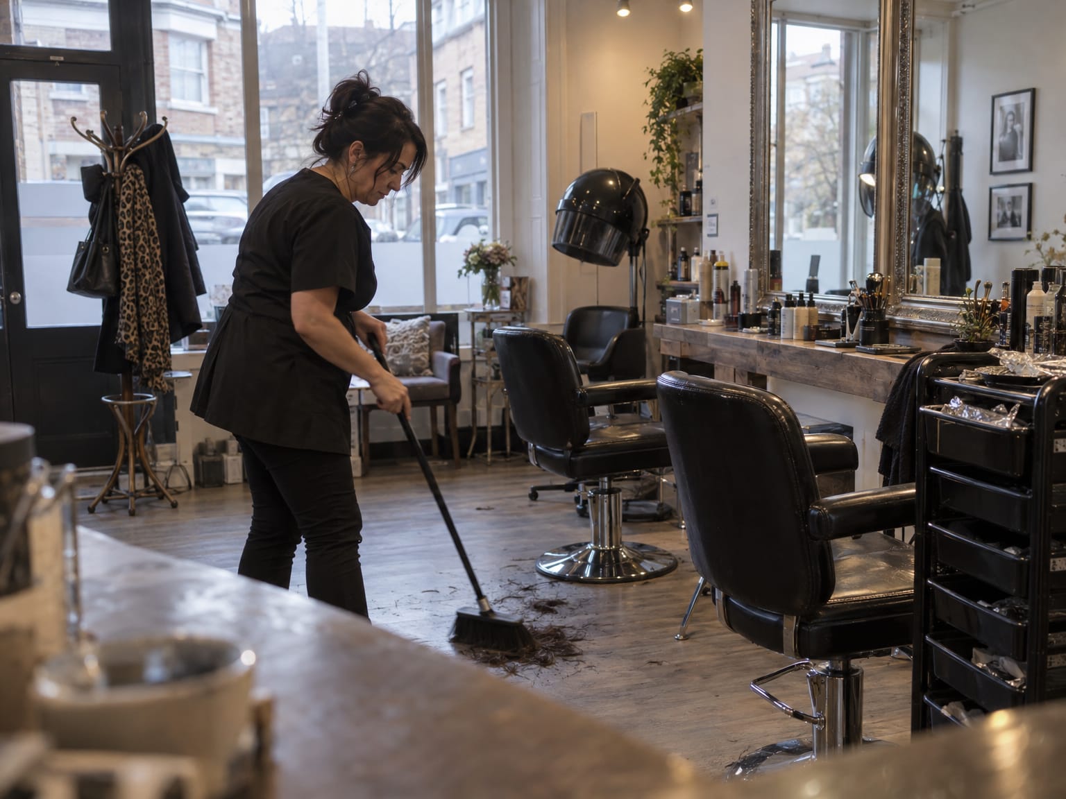 A hairdresser sweeping cut hair beside an empty styling chair in a small salon