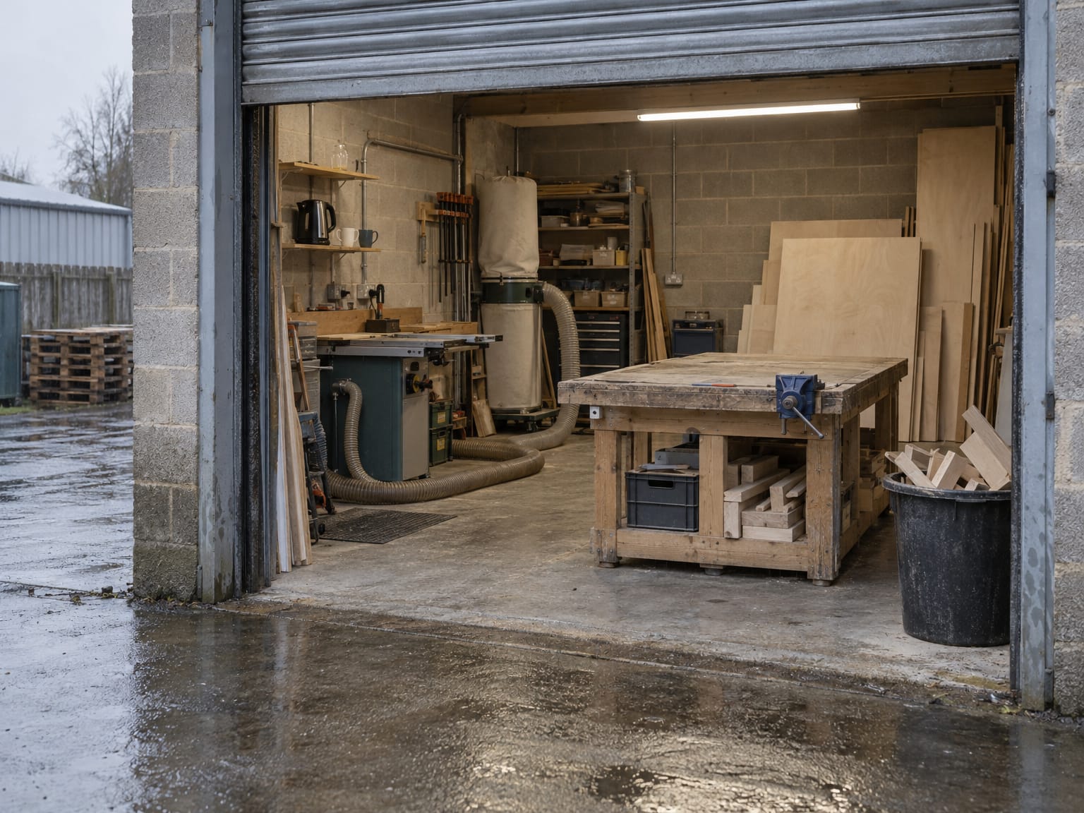 An empty joinery workshop seen through an open roller shutter on a rainy morning
