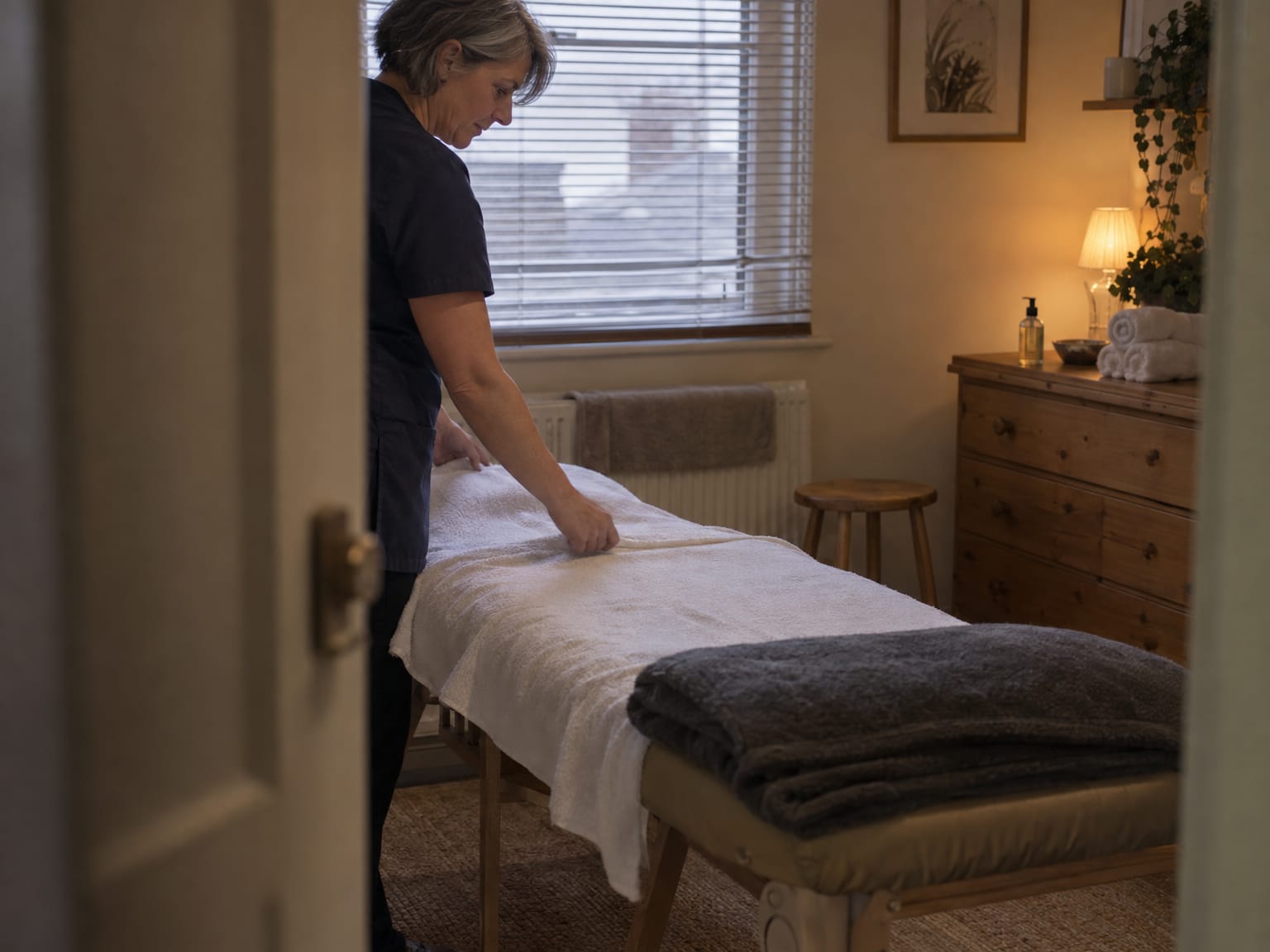 A massage therapist smoothing a towel over a treatment couch, seen through a half-open door