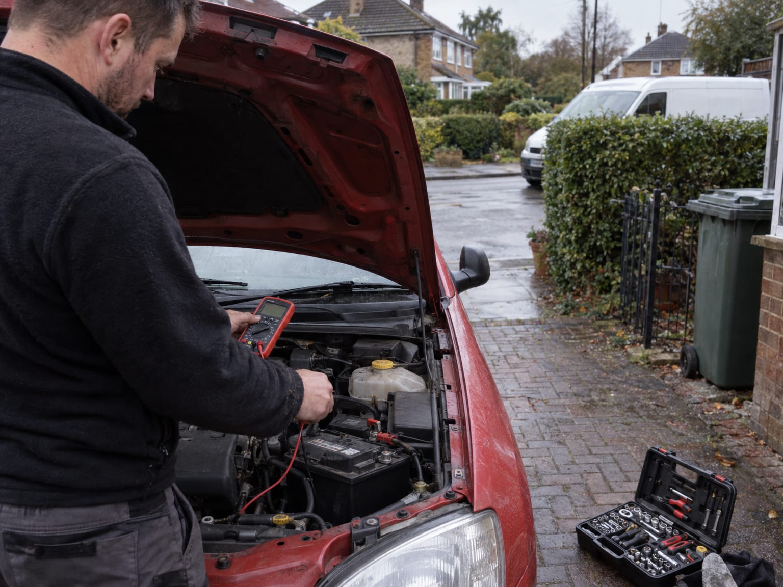 A mobile mechanic at the open bonnet of a red hatchback on a driveway, testing the battery