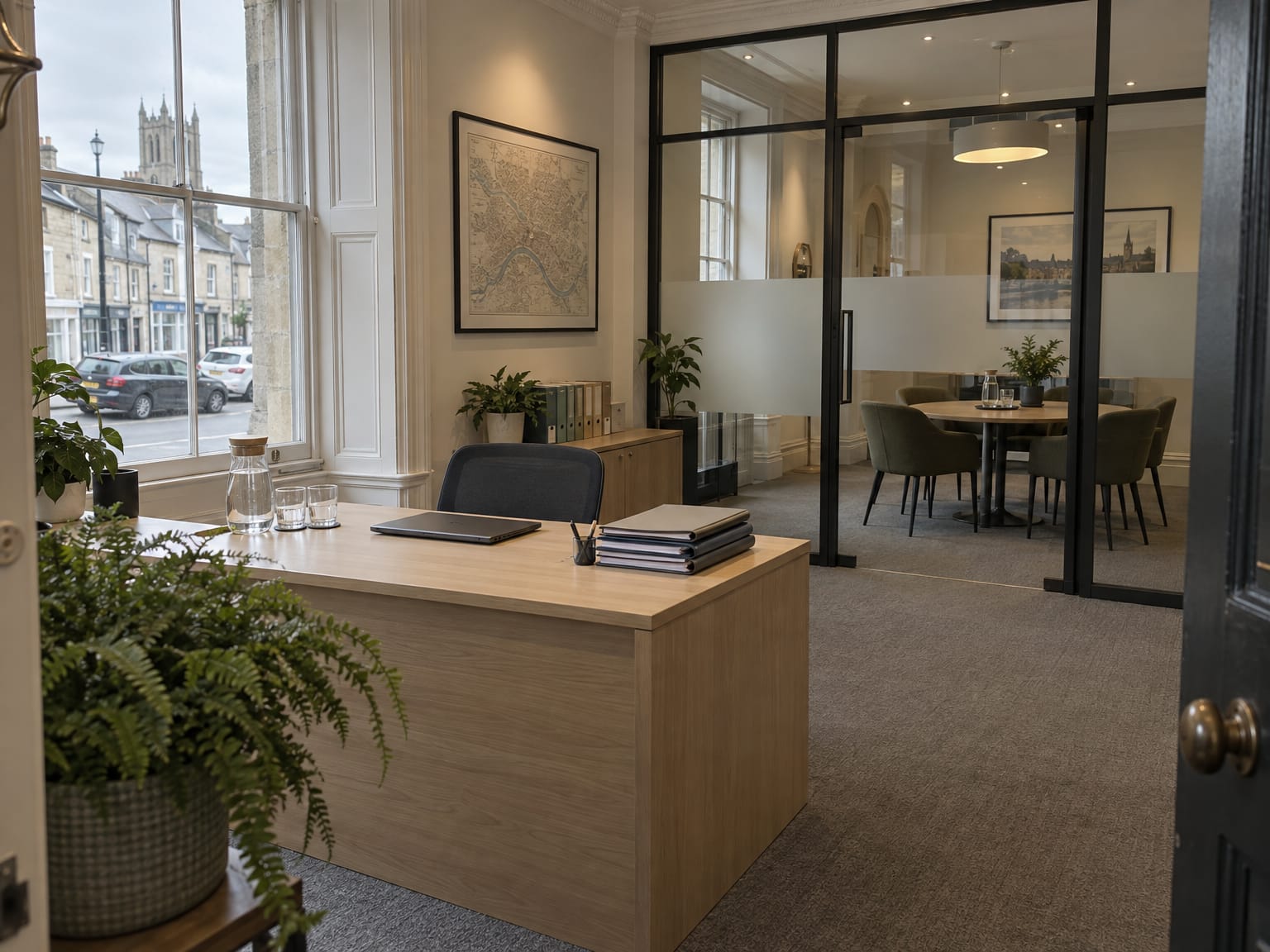 A small mortgage and financial planning office with a pale oak desk and a glass meeting room