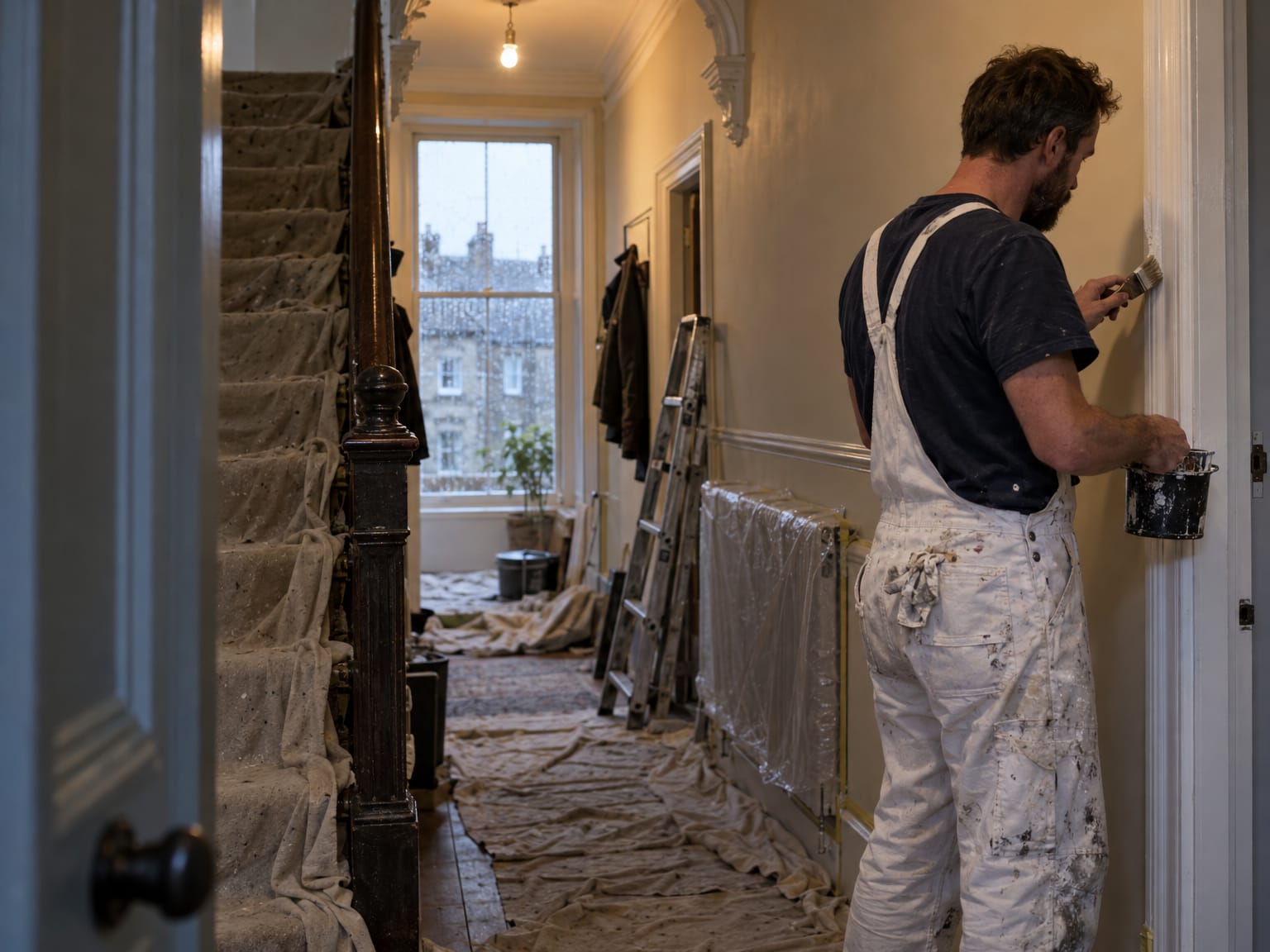 A decorator cutting in around a door frame in a hallway full of dust sheets