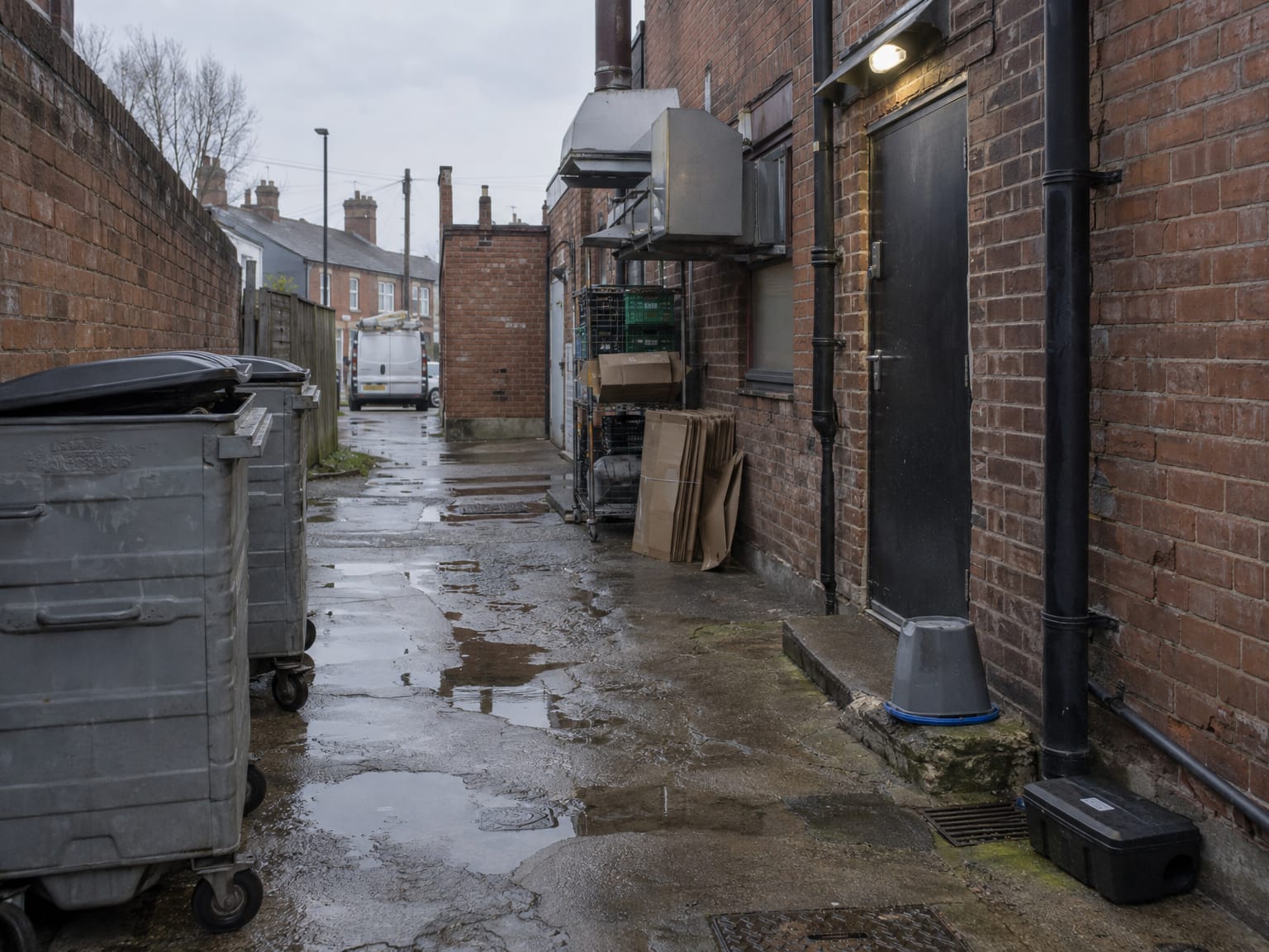 The empty back yard of a takeaway, commercial bins and a black bait box against the wall, a white van at the end of the alley