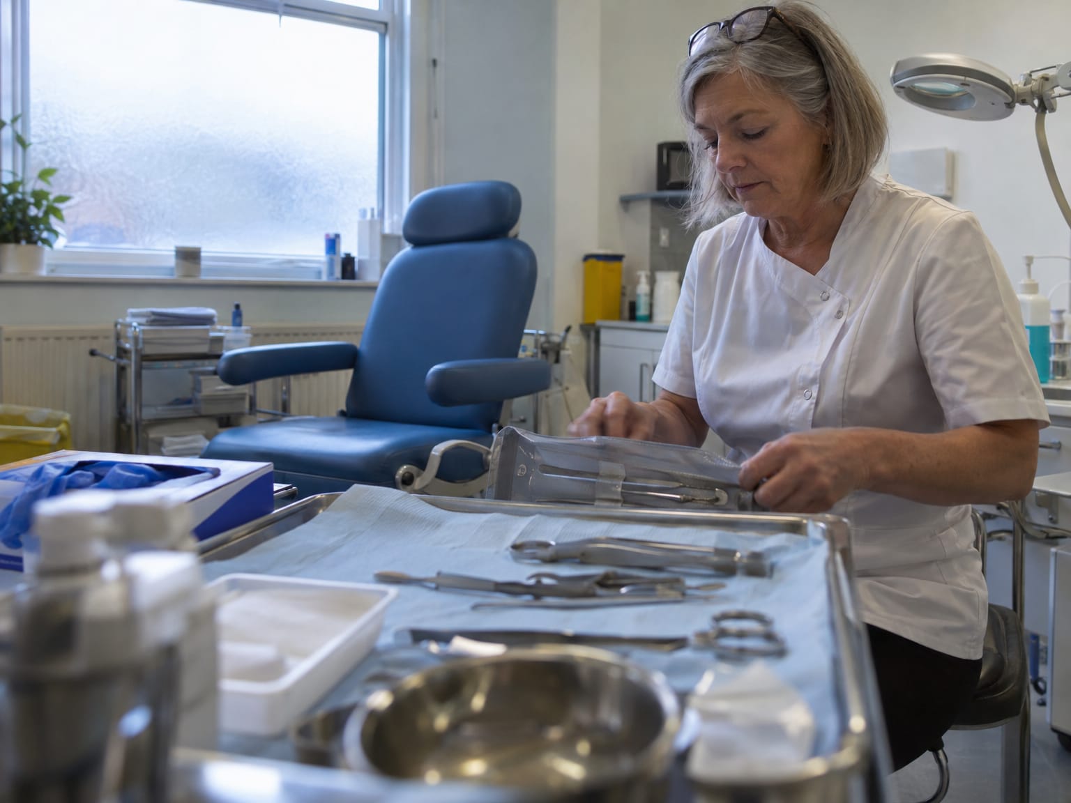 A podiatrist laying out instruments on a steel trolley beside an empty treatment chair