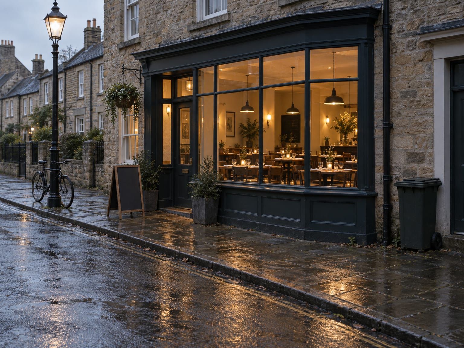The lit front window of a small restaurant at dusk, tables laid, wet pavement outside